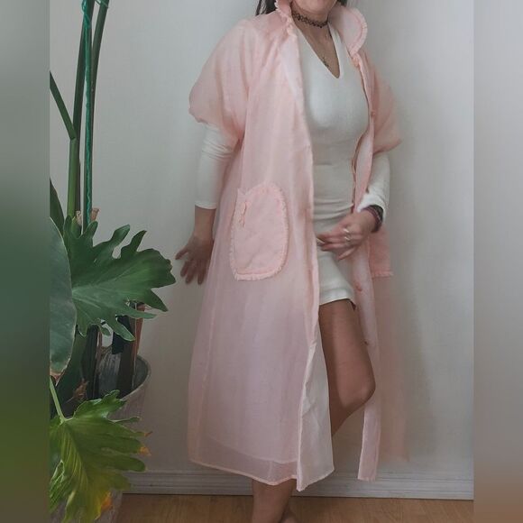 Pink Foral Pint Ruffle Collared Robe House Coat With Pockets 9 Buttons Vday - Picture 6 of 9